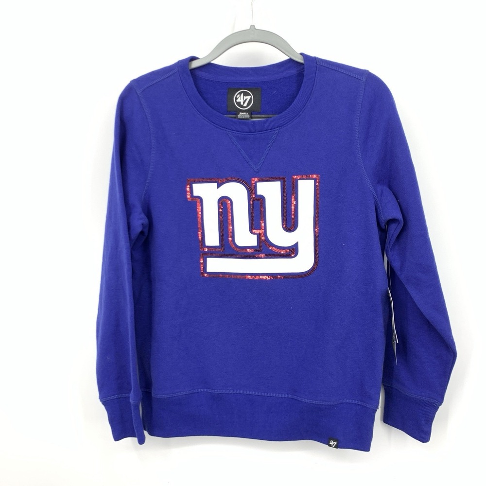 47 Women Size Small Sweatshirt NY Giants NFL Logo Sequin Blue Crew Pullover‎ Top